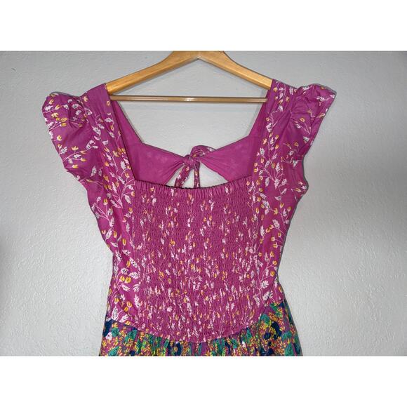 Caroline Constas Floral Smocked Tiered Tie Back Midi Dress Large Cottage Boho - Picture 3 of 10